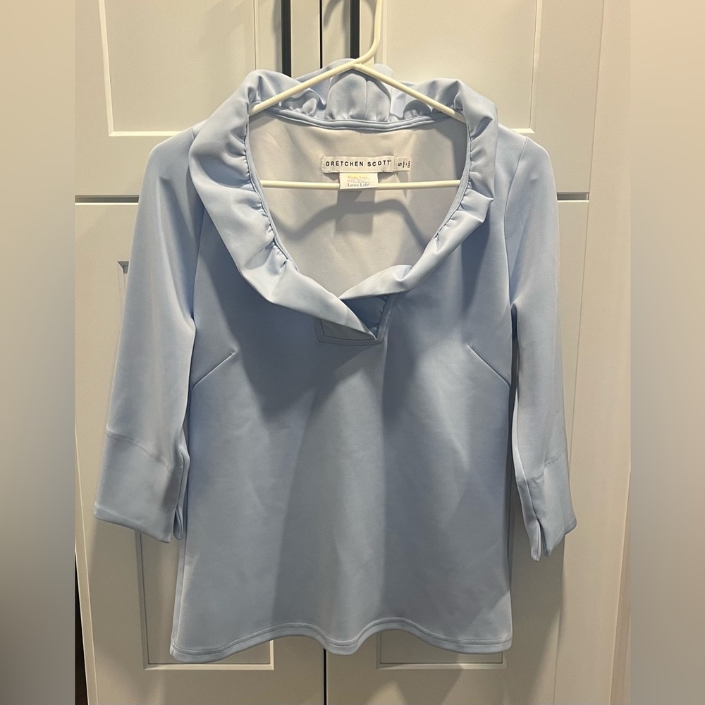 Gretchen Scott Designs Sky Blue Ruffle Blouse